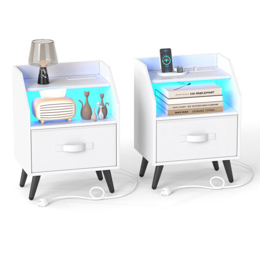 Set Of 2 Nightstands with LED Lights and Power Outlets for Living Room-White