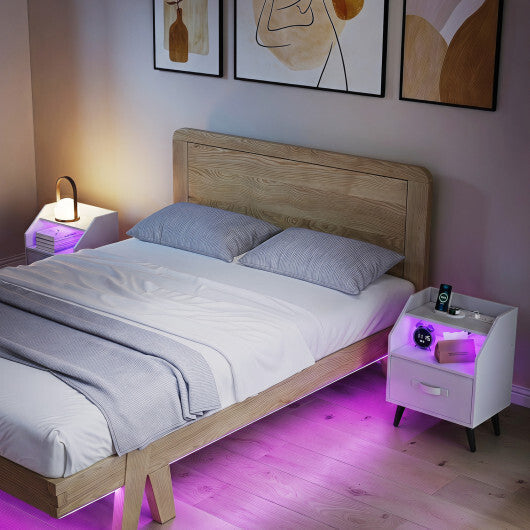 Set Of 2 Nightstands with LED Lights and Power Outlets for Living Room-White