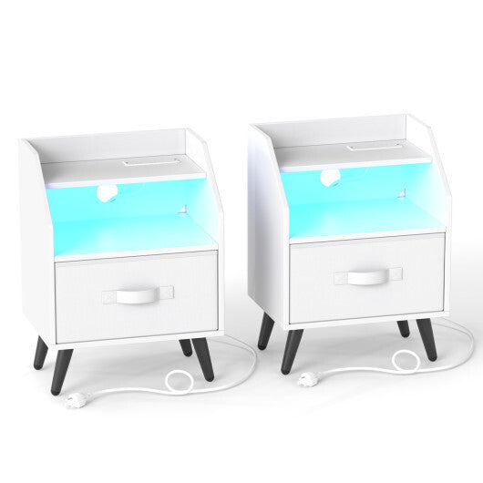 Set Of 2 Nightstands with LED Lights and Power Outlets for Living Room-White