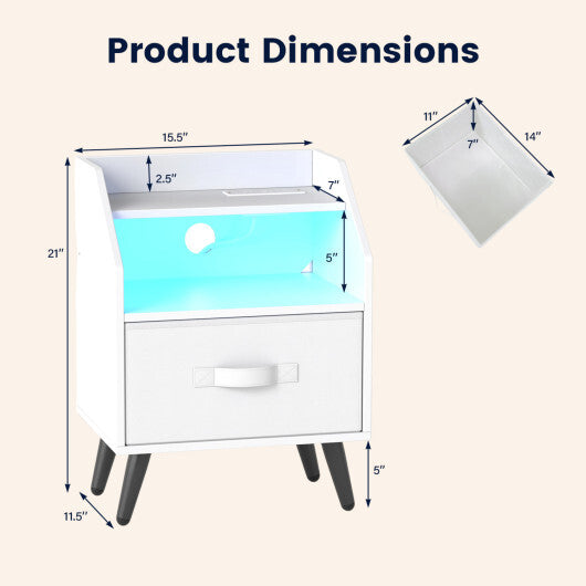 Set Of 2 Nightstands with LED Lights and Power Outlets for Living Room-White