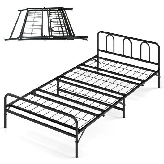 Heavy Duty Metal Twin Foldable Bed Frame with Headboard & Footboard-Black