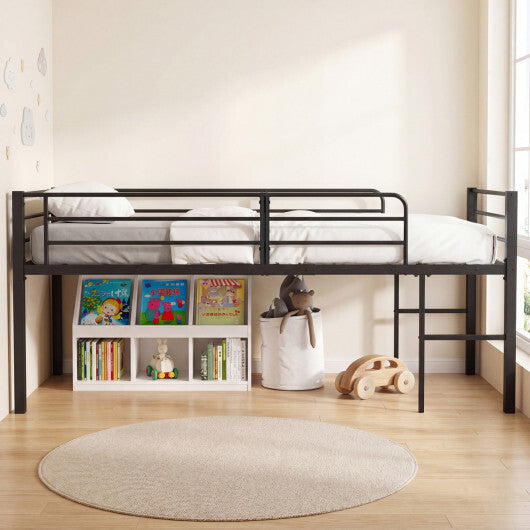 Twin Size Low Loft Bed with Safety Guardrails and 2 Ladders-White