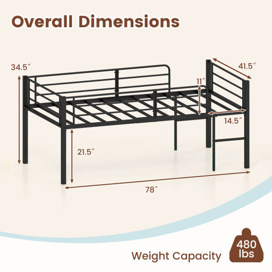 Twin Size Low Loft Bed with Safety Guardrails and 2 Ladders-White