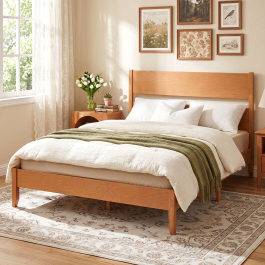 Queen Bed Frame with Headboard and Solid Wood Legs 12 Slats-Warm Brown