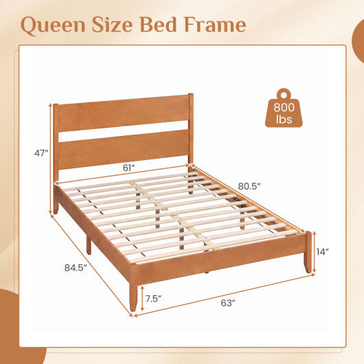 Queen Bed Frame with Headboard and Solid Wood Legs 12 Slats-Warm Brown