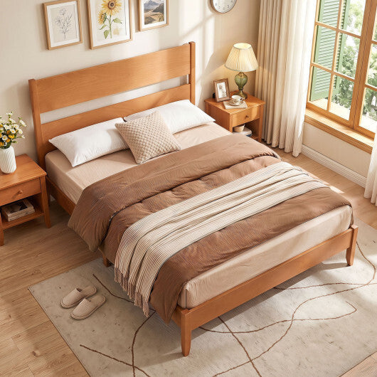 Queen Bed Frame with Headboard and Solid Wood Legs 12 Slats-Warm Brown