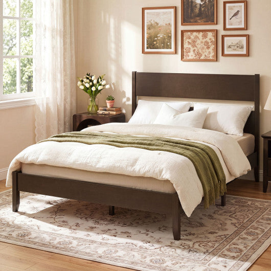 Queen Bed Frame with Headboard and Solid Wood Legs 12 Slats-Warm Brown