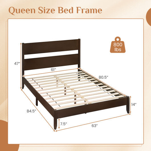 Queen Bed Frame with Headboard and Solid Wood Legs 12 Slats-Warm Brown