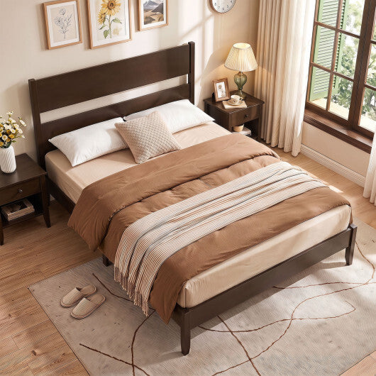 Queen Bed Frame with Headboard and Solid Wood Legs 12 Slats-Warm Brown