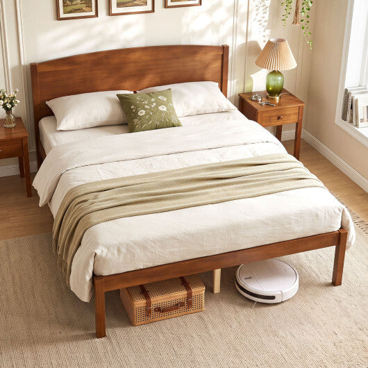 Full Size Wooden Platform Bed Frame with Curved Headboard-Walnut