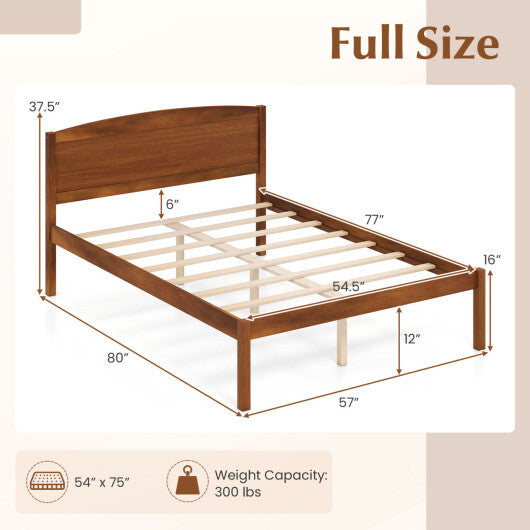 Full Size Wooden Platform Bed Frame with Curved Headboard-Walnut