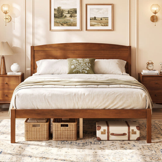 Full Size Wooden Platform Bed Frame with Curved Headboard-Walnut