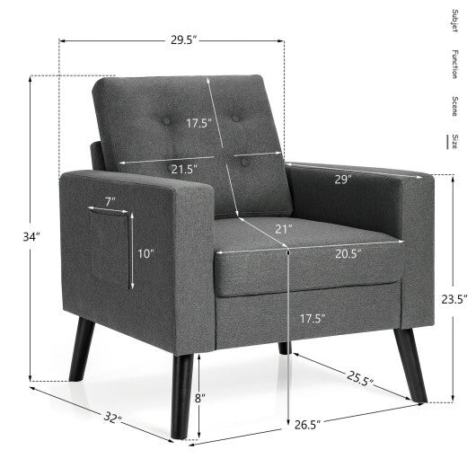 Mid-Century Upholstered Armchair Club Chair with Rubber Wood Legs-Gray - Color: Gray