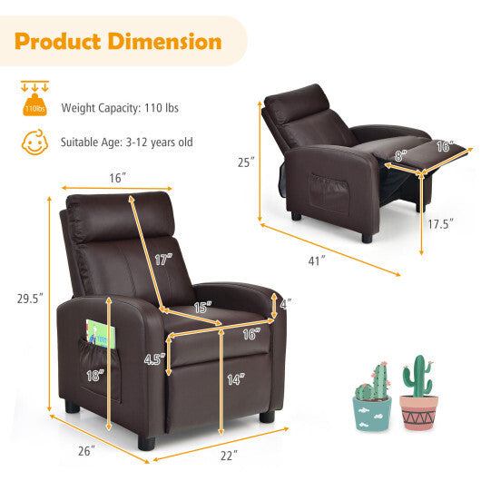 Ergonomic PU Leather Kids Recliner Lounge Sofa for 3-12 Age Group-Pink