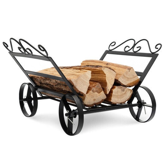 Firewood Rack Decorative Rustproof Steel Fireplace Log Holder with Wheels - Color: Black