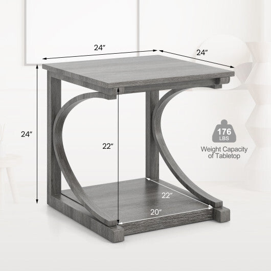 C-shaped 24 Inch 2 Tier Square End Table Sofa Side Table-Grey