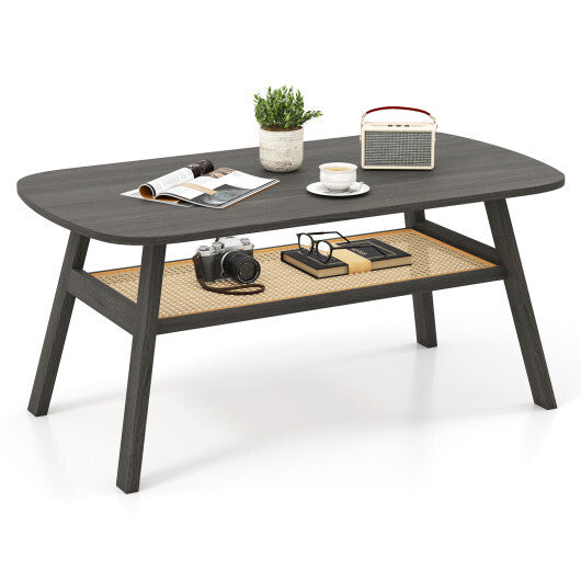 2-Tier Rectangular Center Coffee Table with Rattan Storage Shelf and Rubber Wood Legs-Dark Gray