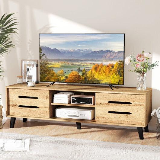 Mid Century Modern TV Stand with Sliding Doors and Cable Hole for 65 Inch TVs-Natural
