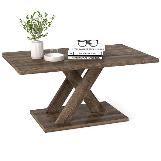 37.5 Inch Rectangular Coffee Table with Stable Base and Rubber Wood Connection for Living Room-Brown