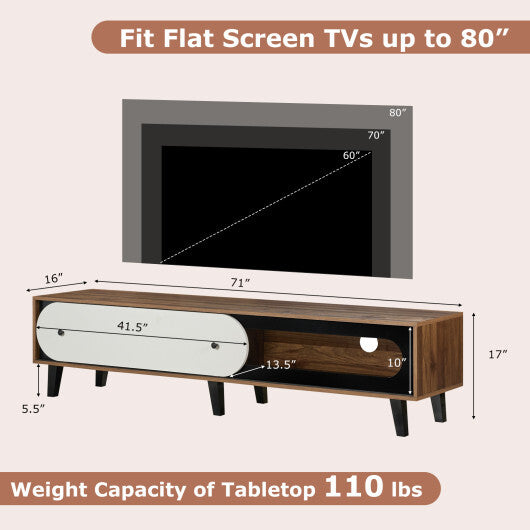 TV Stand for 80 Inch TVs Mid Century Modern Entertainment Center with Sliding Door Cabinet-Walnut