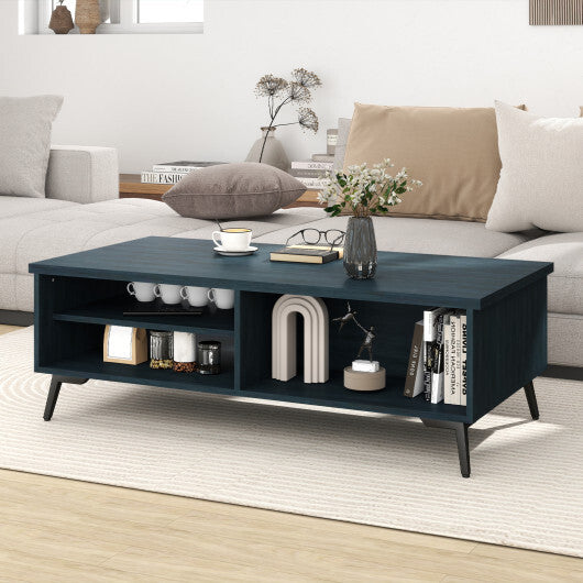 2-Tier Mid Century Modern Coffee Table with Storage Shelves Compartments-Walnut
