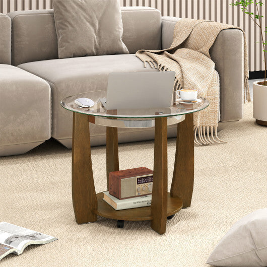 32" 2-Tier Glass Round Coffee Table with Storage Shelf-Walnut