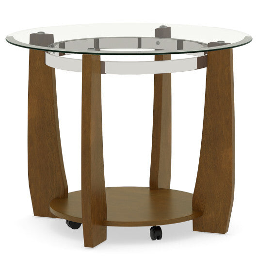 32" 2-Tier Glass Round Coffee Table with Storage Shelf-Walnut