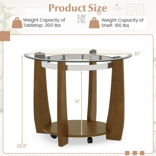 32" 2-Tier Glass Round Coffee Table with Storage Shelf-Walnut