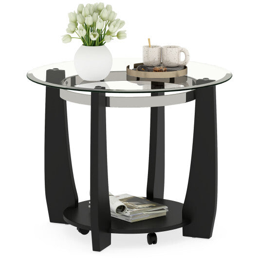 32" 2-Tier Glass Round Coffee Table with Storage Shelf-Walnut