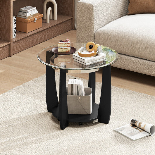 32" 2-Tier Glass Round Coffee Table with Storage Shelf-Walnut