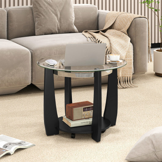 32" 2-Tier Glass Round Coffee Table with Storage Shelf-Walnut