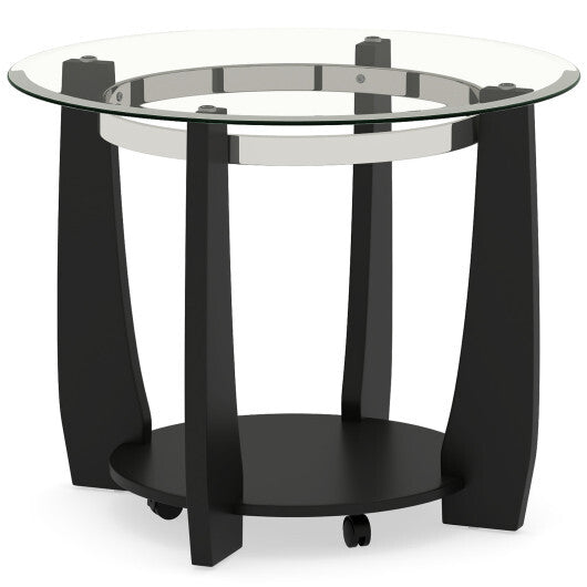 32" 2-Tier Glass Round Coffee Table with Storage Shelf-Walnut