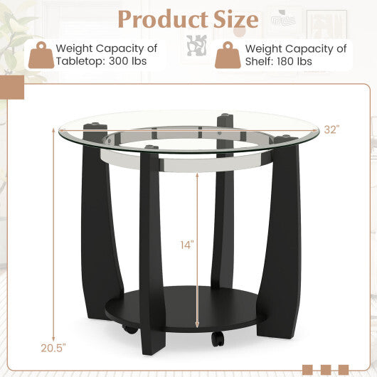 32" 2-Tier Glass Round Coffee Table with Storage Shelf-Walnut