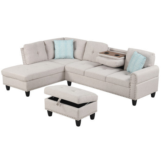 98 Inches Sectional Sofa Couch with Movable Storage Ottoman and Linen Fabric Backs-DG