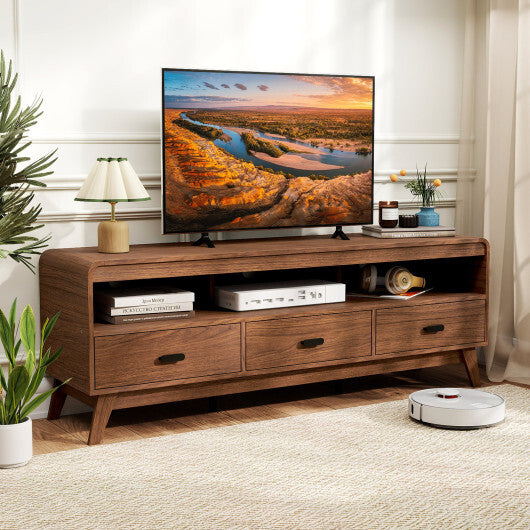 Mid Century Modern TV Stand for TVs up to 70" with 3 Storage Drawers and Open Shelves-Walnut