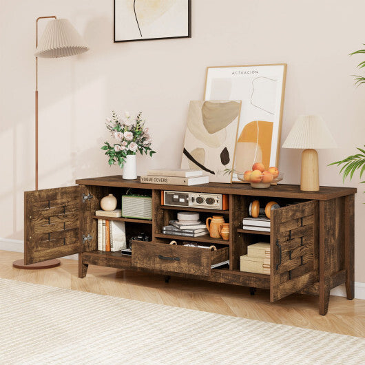 Farmhouse TV Stand for 65 Inch TVs with 2 Woven Accent Doors and 3 Adjustable Shelves-Rustic Brown