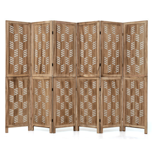 5.5 FT Tall Room Divider 6 Panels with Wave Cutout & Paulownia Frame for Room-Brown
