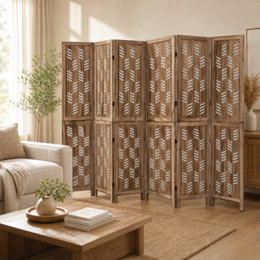 5.5 FT Tall Room Divider 6 Panels with Wave Cutout & Paulownia Frame for Room-Brown
