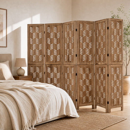 5.5 FT Tall Room Divider 6 Panels with Wave Cutout & Paulownia Frame for Room-Brown