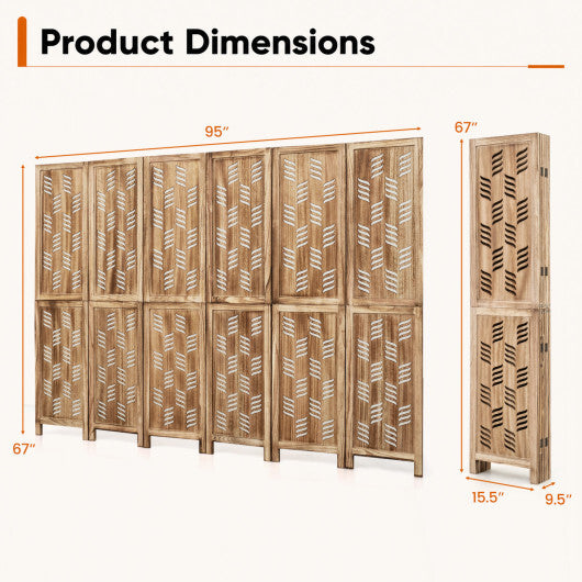 5.5 FT Tall Room Divider 6 Panels with Wave Cutout & Paulownia Frame for Room-Brown