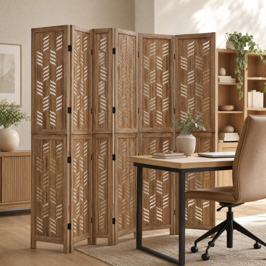 5.5 FT Tall Room Divider 6 Panels with Wave Cutout & Paulownia Frame for Room-Brown