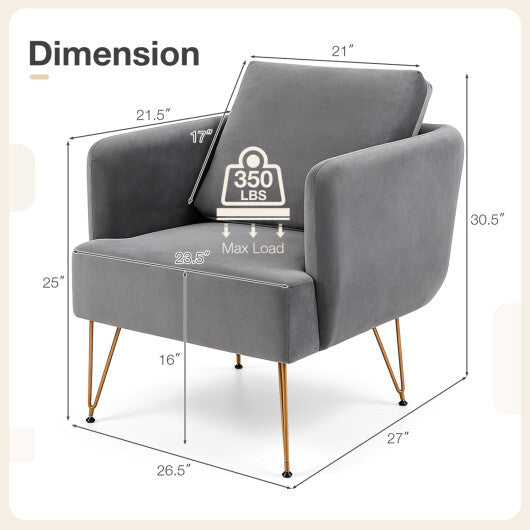 Modern Accent Chair w/Back Cushion & Golden Metal Legs for Living Room Bedroom-Gray