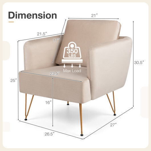 Modern Accent Chair w/Back Cushion & Golden Metal Legs for Living Room Bedroom-Gray
