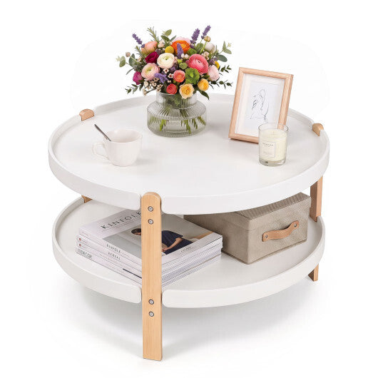 23.5" 2-Tier Round Coffee Table with Solid Wood Legs and Open Storage Shelf-White