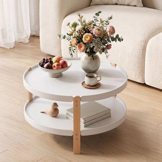 23.5" 2-Tier Round Coffee Table with Solid Wood Legs and Open Storage Shelf-White