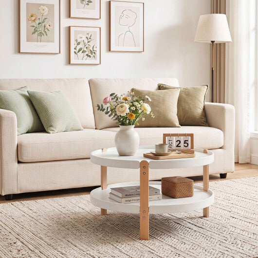 23.5" 2-Tier Round Coffee Table with Solid Wood Legs and Open Storage Shelf-White