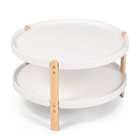 23.5" 2-Tier Round Coffee Table with Solid Wood Legs and Open Storage Shelf-White