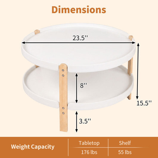 23.5" 2-Tier Round Coffee Table with Solid Wood Legs and Open Storage Shelf-White