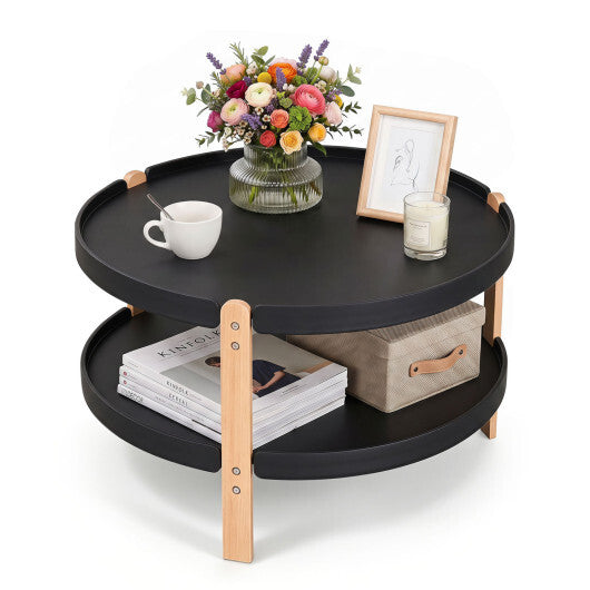 23.5" 2-Tier Round Coffee Table with Solid Wood Legs and Open Storage Shelf-White
