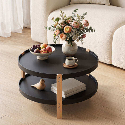 23.5" 2-Tier Round Coffee Table with Solid Wood Legs and Open Storage Shelf-White